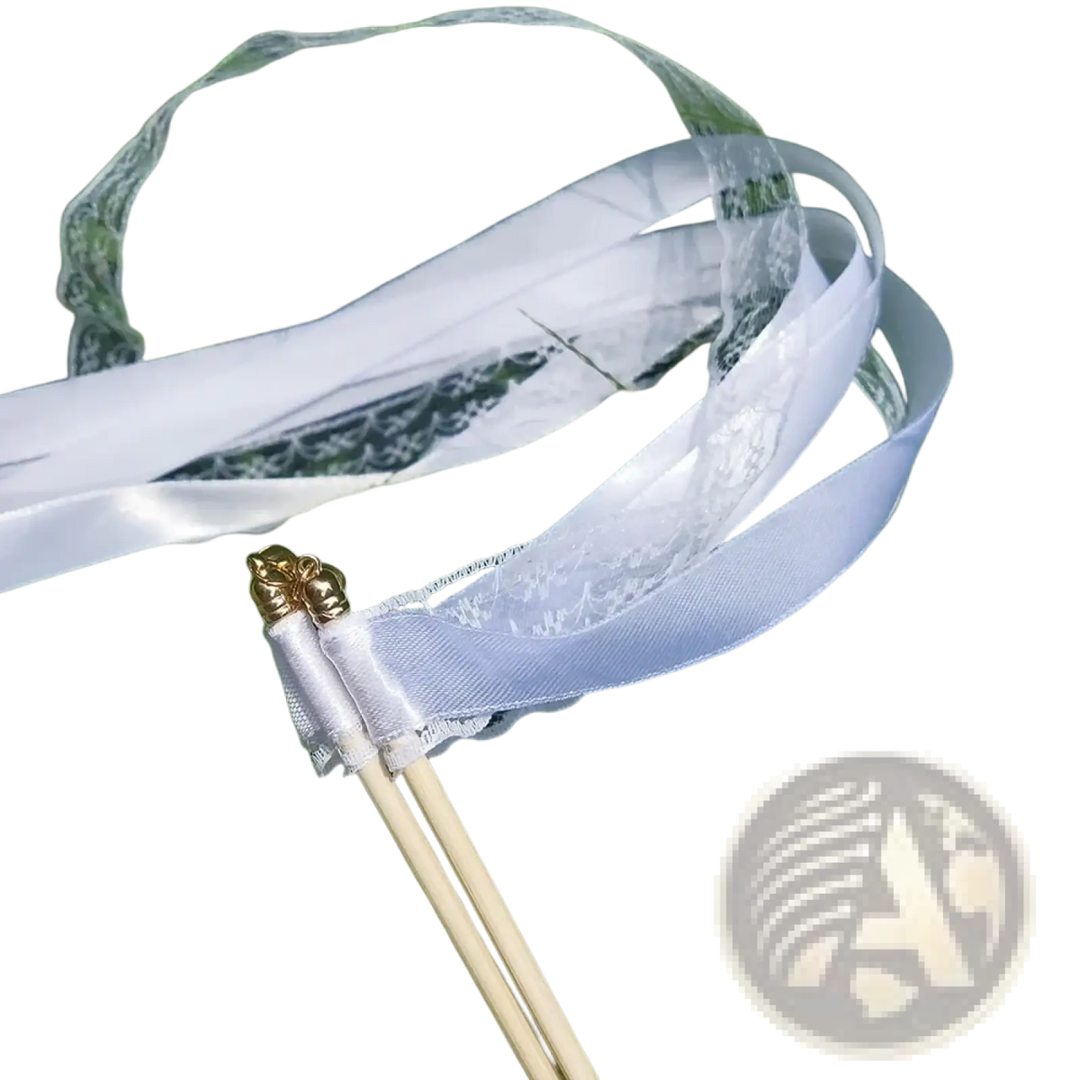 White ribbon wedding wands with lace trim gold decorative cap attached to wooden sticks 20 pcs set