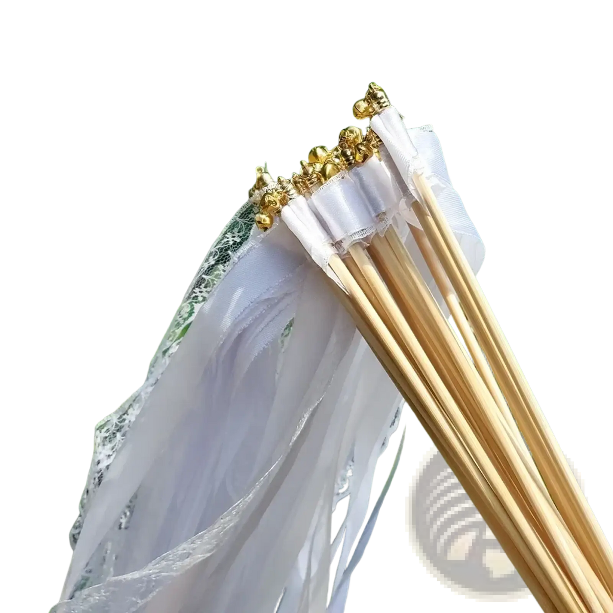White ribbon wedding wands with delicate white lace-tipped bells and golden metallic tops on slender wooden sticks