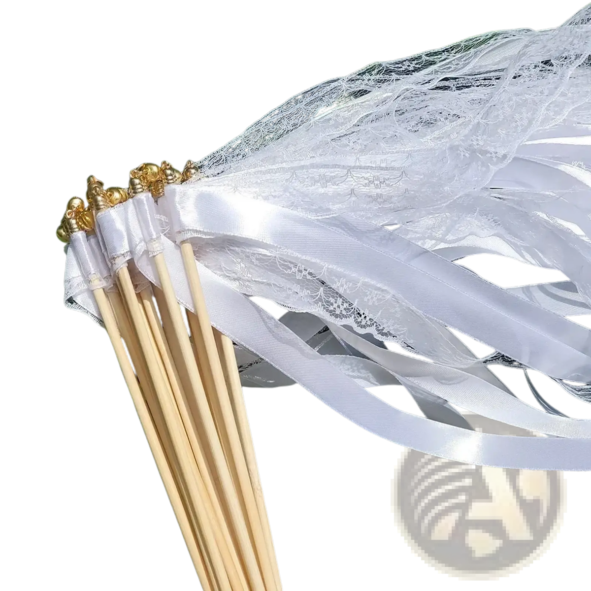White ribbon wedding wands with bells set of 20 delicate lace and satin ribbon confetti sticks with gold tipped wooden handles