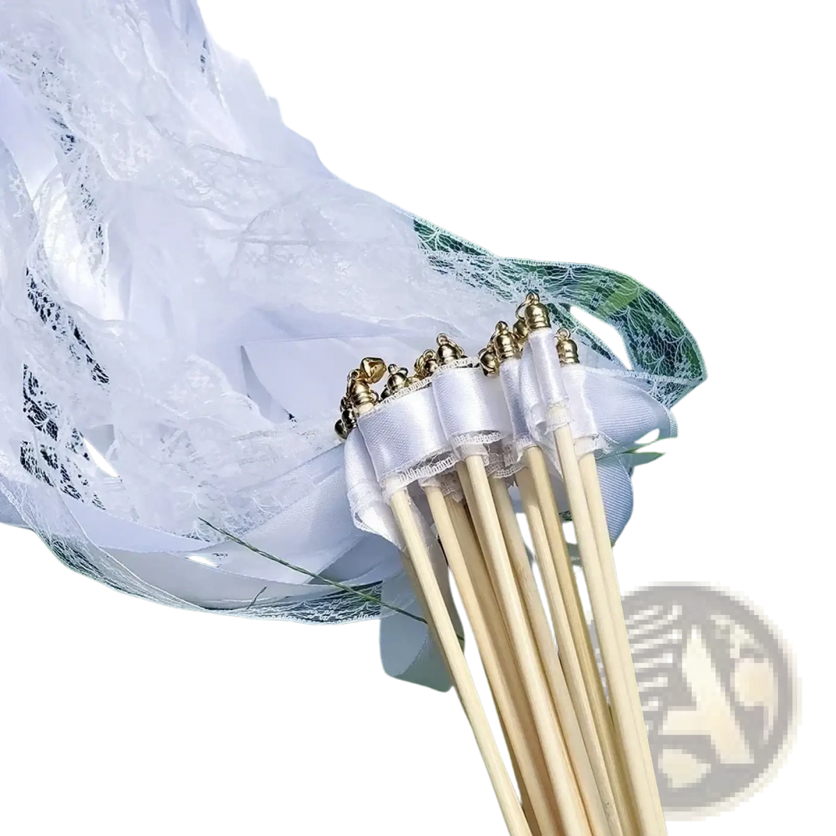 Set of 20 white ribbon wedding wands with lace ties and gold-toned decorative tops with bells for weddings