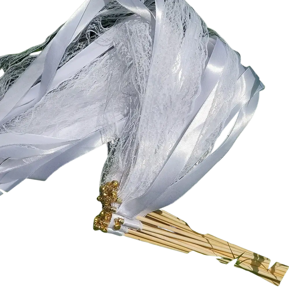 White ribbon wedding wands with bells featuring delicate white lace and satin ribbon bouquet with gold bead accents