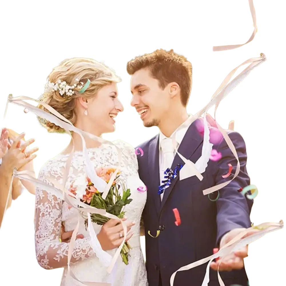 White lace wedding dress with long sleeves holding a floral bouquet paired with white ribbon wedding wands with bells 20 pcs