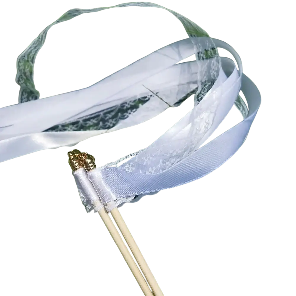 White ribbon wedding wands with lace trim gold decorative cap attached to wooden sticks 20 pcs set