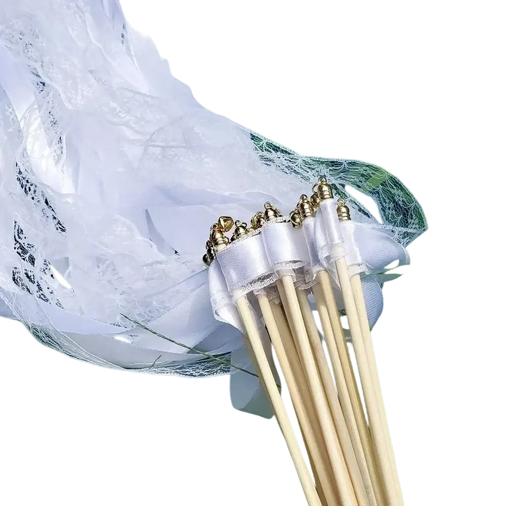 Set of 20 white ribbon wedding wands with lace ties and gold-toned decorative tops with bells for weddings