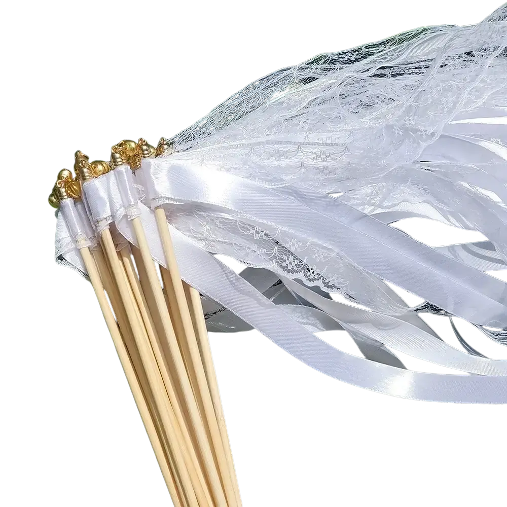 White ribbon wedding wands with bells set of 20 delicate lace and satin ribbon confetti sticks with gold tipped wooden handles
