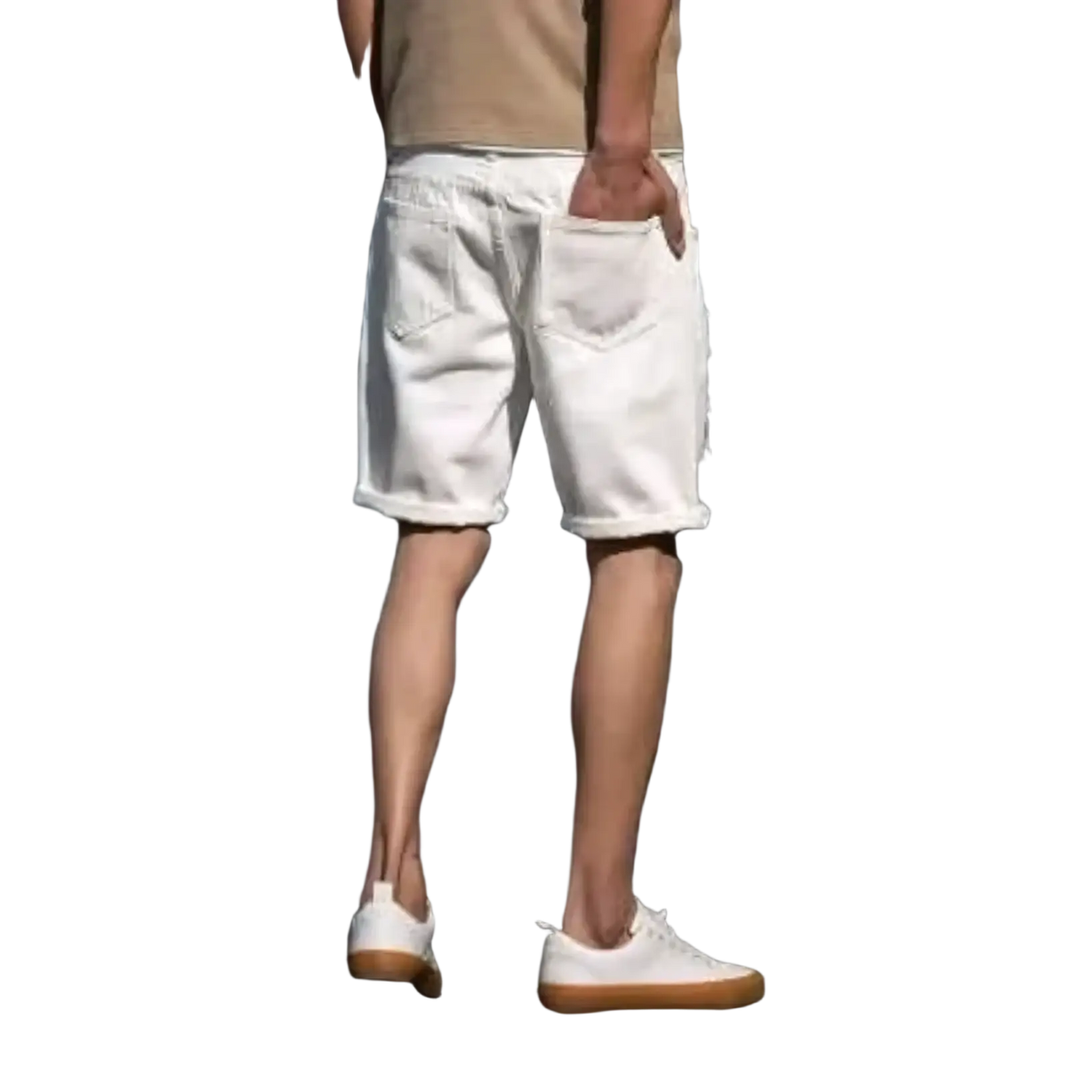 White ripped denim shorts with rolled cuffs featuring a casual slightly worn streetwear style