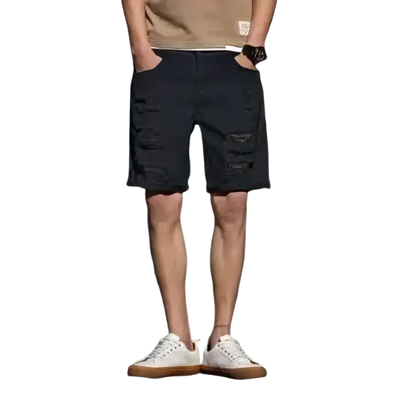 Dark blue denim shorts with distressed patches featuring a casual rugged design for streetwear use