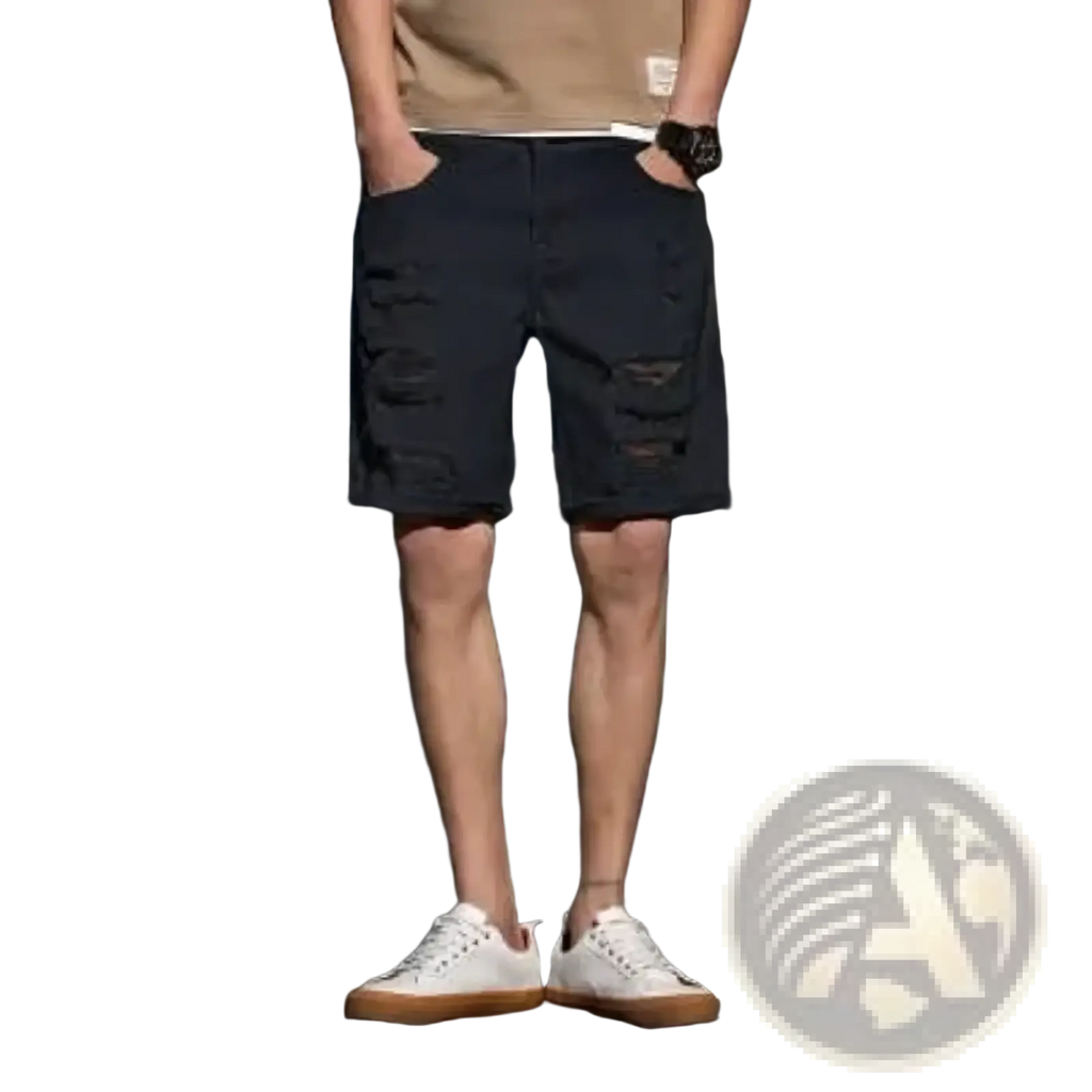 Dark blue distressed denim shorts with ripped knee patches and a casual relaxed fit for streetwear