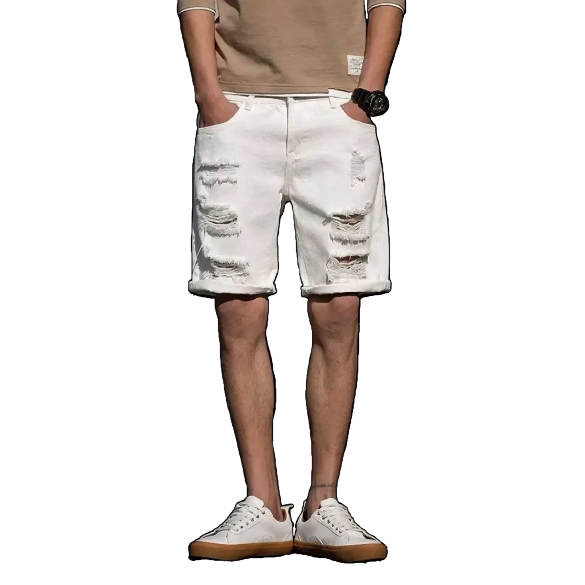 White ripped denim shorts with distressed texture and rolled cuffs ideal for streetwear looks