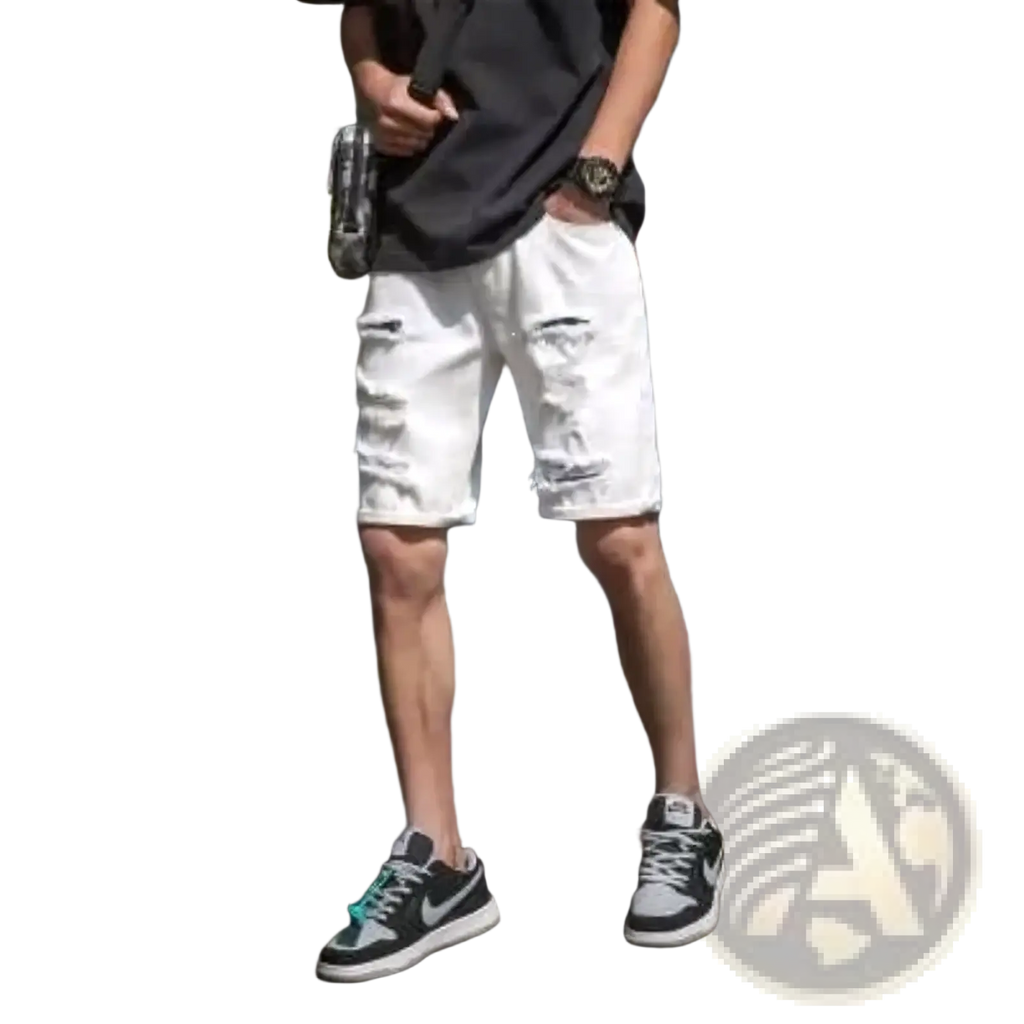 White ripped denim shorts streetwear featuring distressed white denim with ripped knee details for casual wear