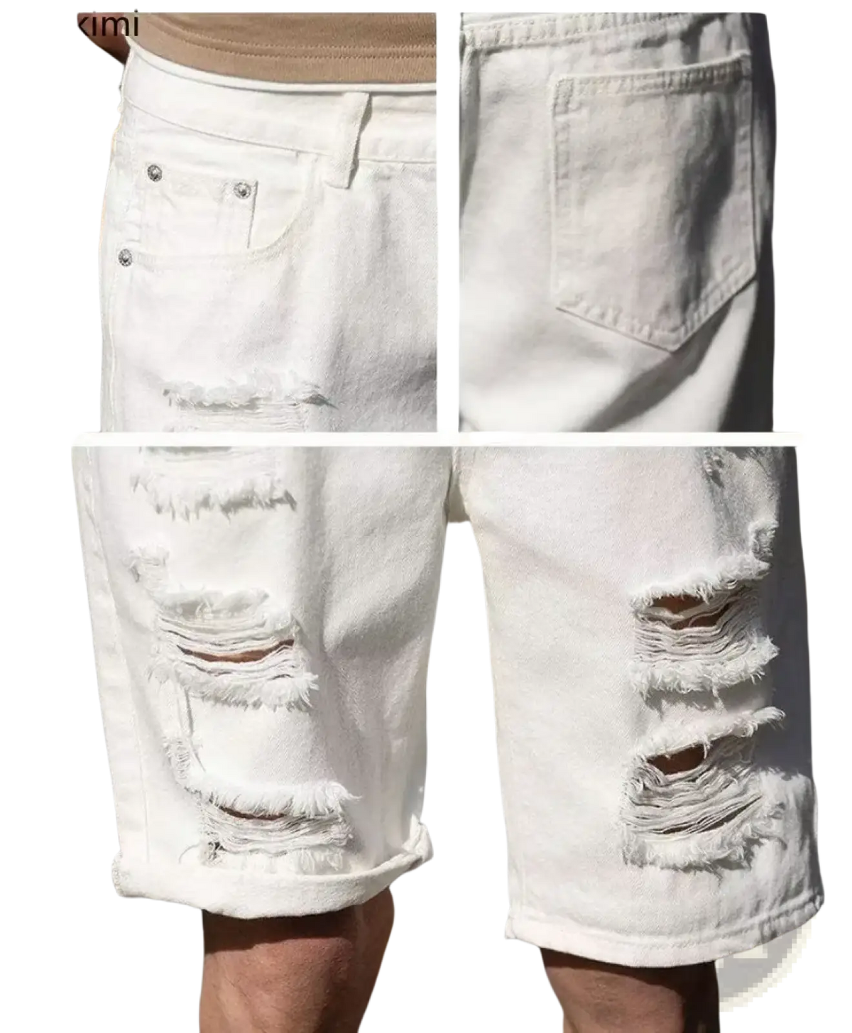 White ripped denim shorts feature distressed frayed details and rolled cuffs for stylish streetwear looks