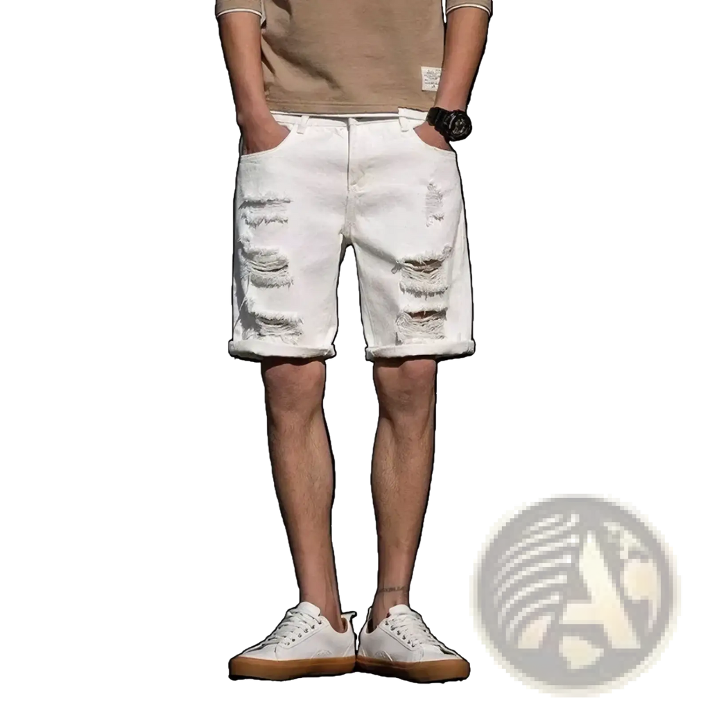 White ripped denim shorts with distressed texture and rolled cuffs ideal for streetwear looks
