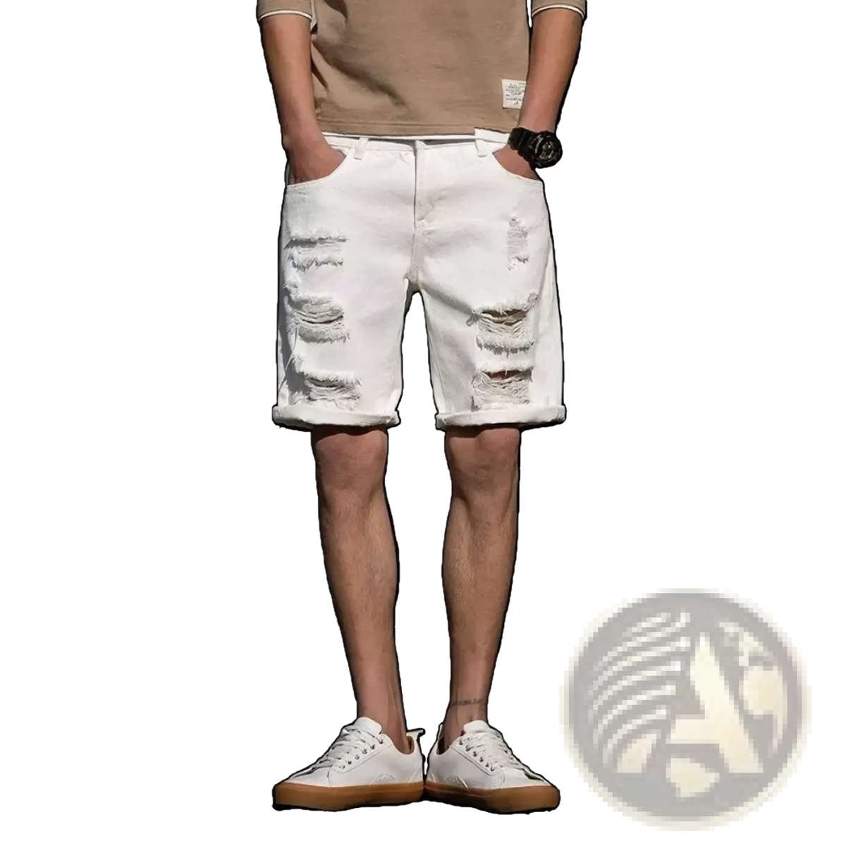 White ripped denim shorts with distressed texture and rolled cuffs ideal for streetwear looks