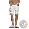 White ripped denim shorts with multiple distressed details and rolled cuffs for streetwear style