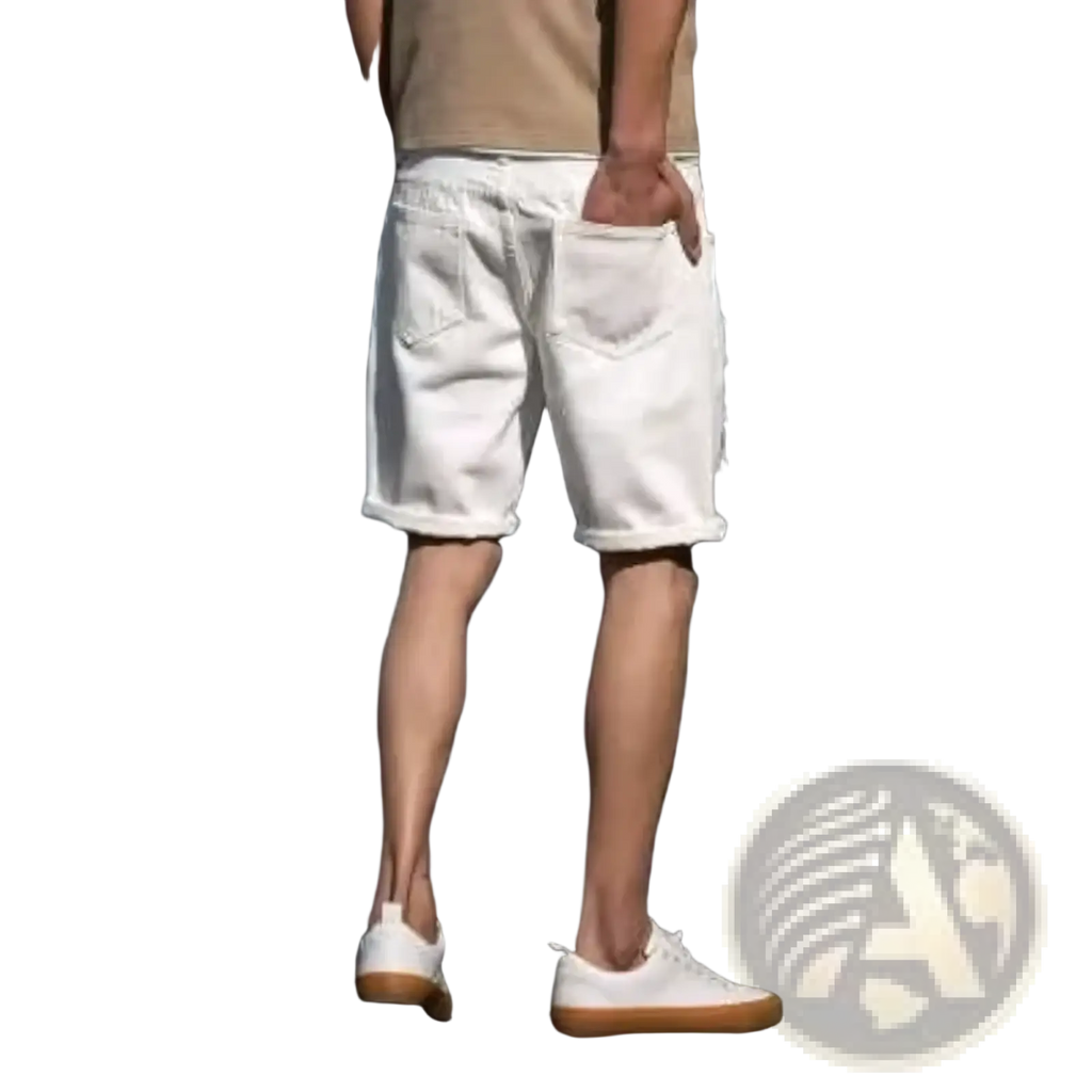 White ripped denim shorts with rolled cuffs featuring a casual slightly worn streetwear style