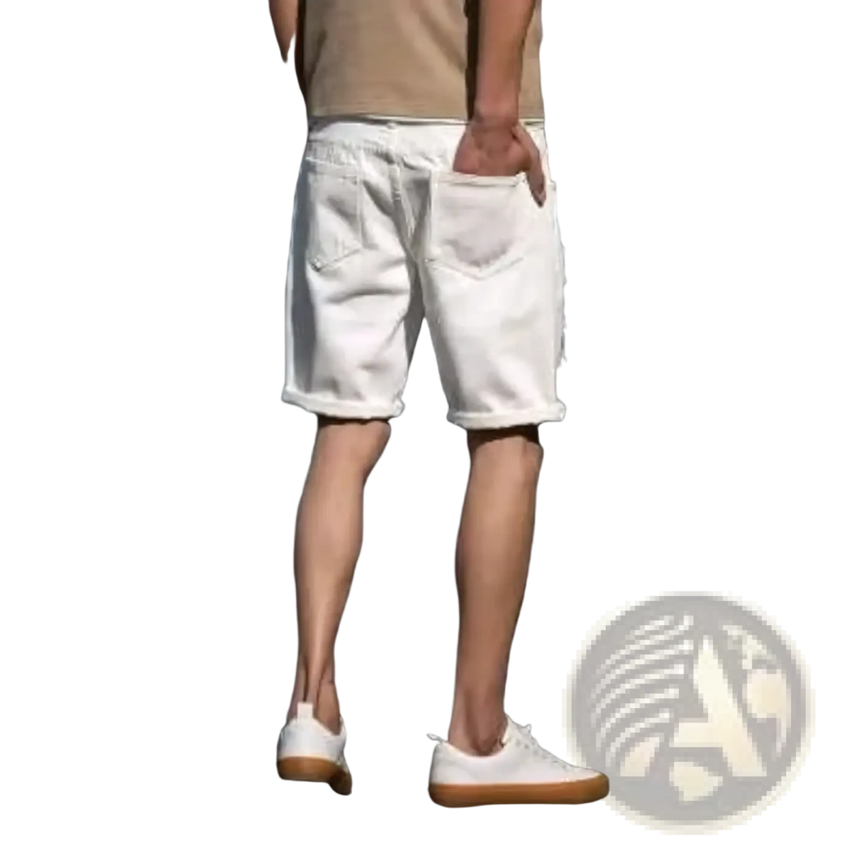White ripped denim shorts with rolled cuffs featuring a casual slightly worn streetwear style