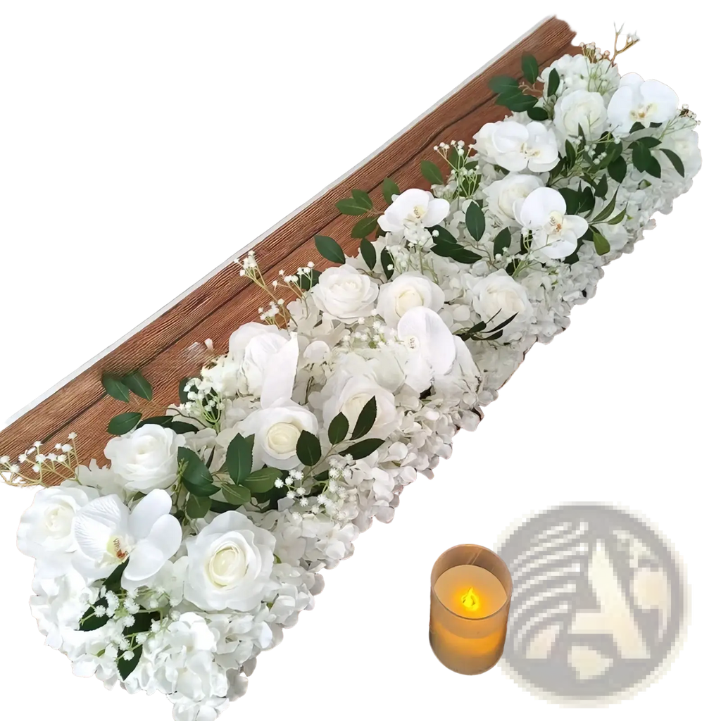 Elegant white rose wedding ground flower arrangement featuring artificial roses orchids hydrangeas with greenery accents