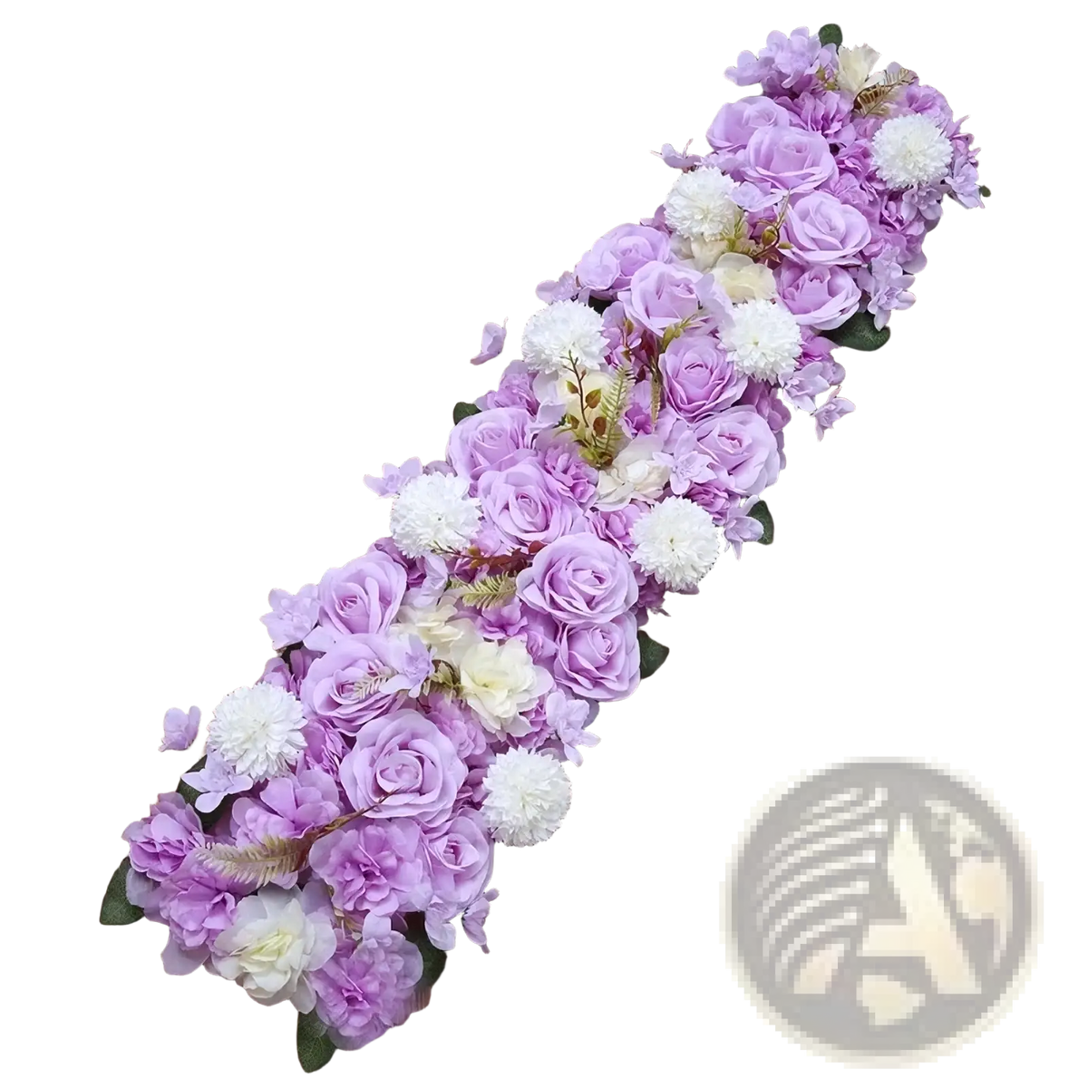 White rose wedding ground flower arrangement with artificial lavender and white roses and fluffy pom-poms in a cascading design