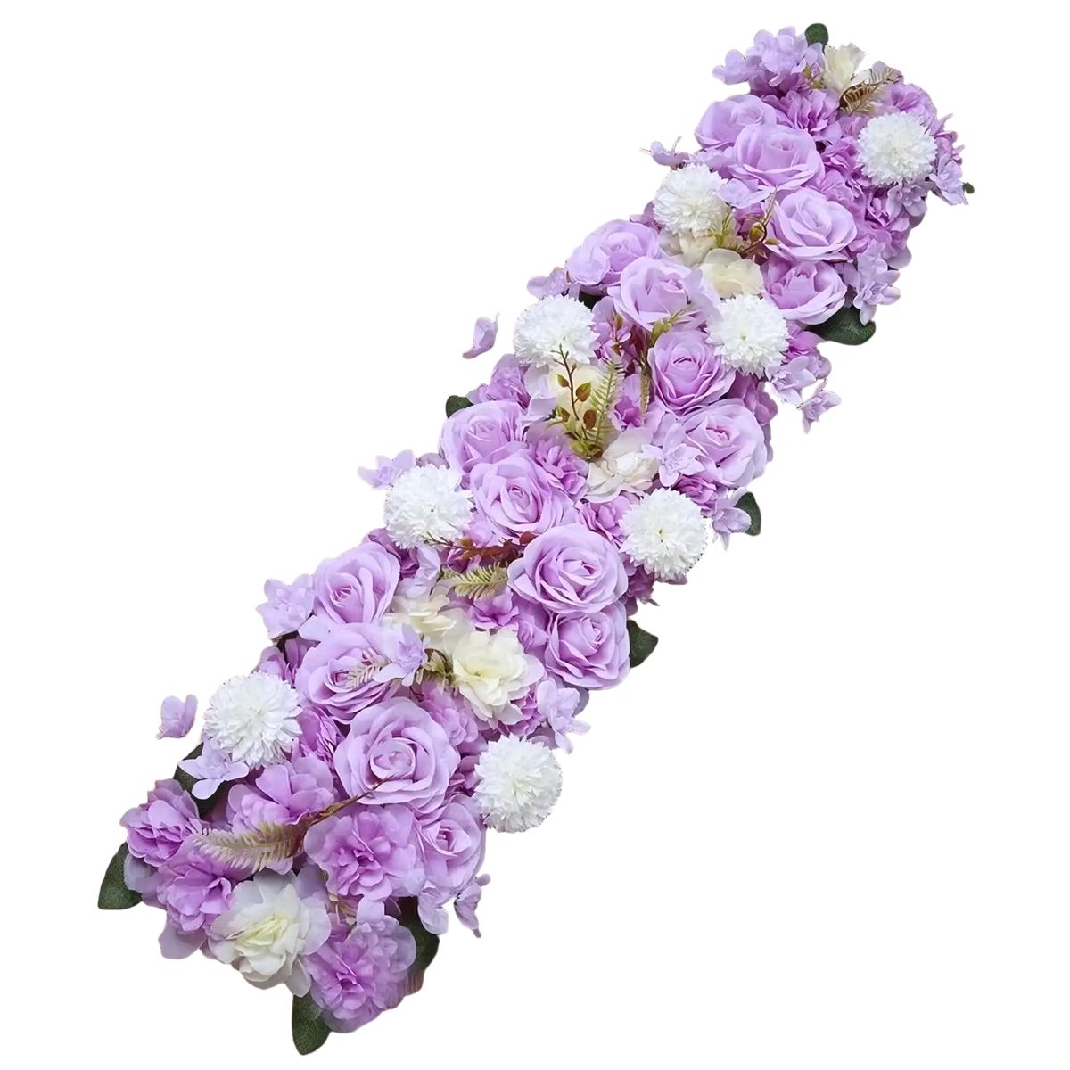 White rose wedding ground flower arrangement with artificial lavender and white roses and fluffy pom-poms in a cascading design