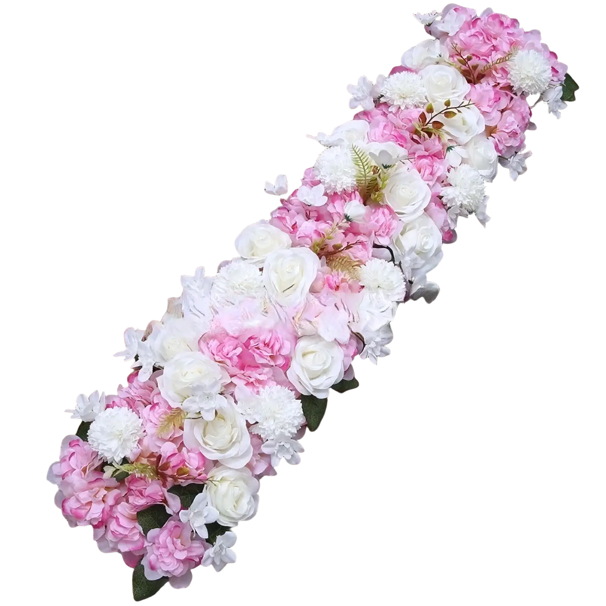 White rose wedding ground flower arrangement featuring pink and white artificial roses and hydrangeas with green foliage