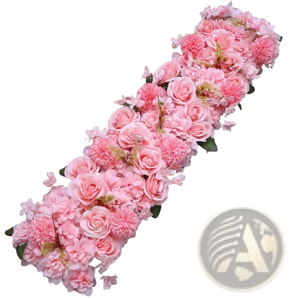 White rose wedding ground flower arrangement featuring a delicate pink artificial rose and hydrangea garland with green leaves