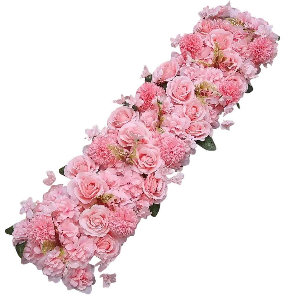 White rose wedding ground flower arrangement with delicate pink artificial roses hydrangeas and green leaves