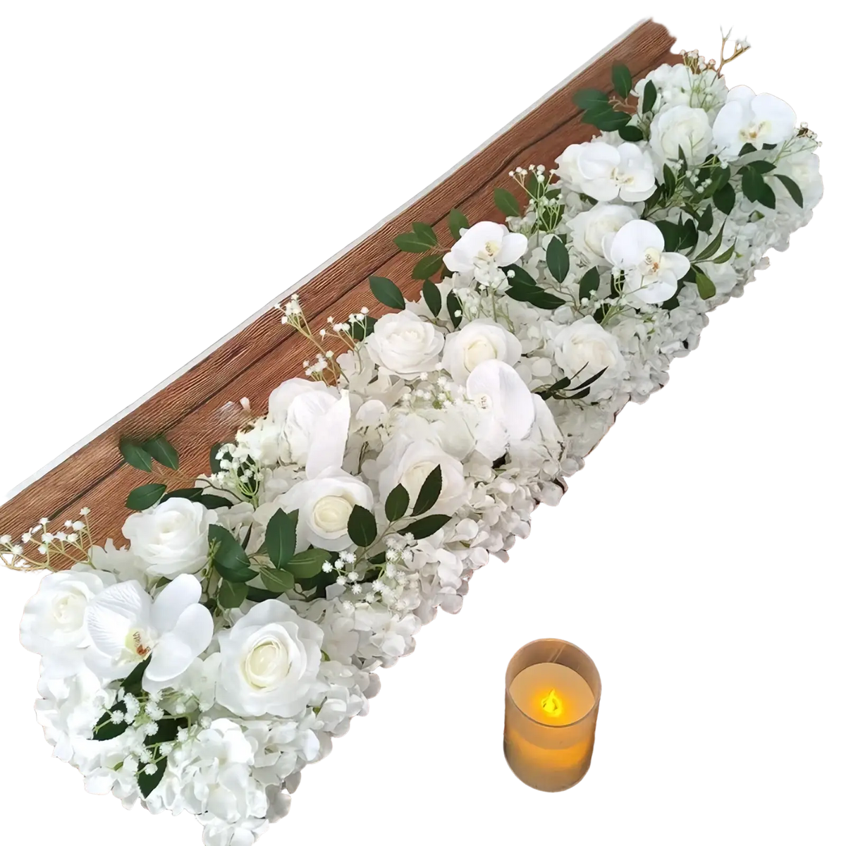 Elegant white rose wedding ground flower arrangement featuring artificial roses orchids hydrangeas with greenery accents