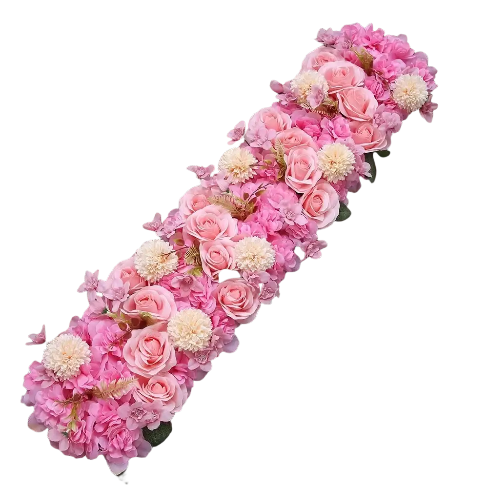 White rose wedding ground flower arrangement featuring a long decorative design with pink roses and cream filler flowers