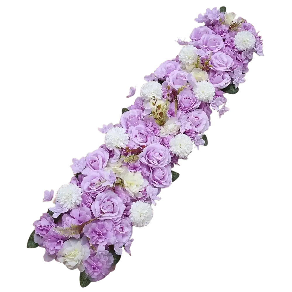 White rose wedding ground flower arrangement featuring a long decorative garland with artificial lavender and white roses and pom-poms