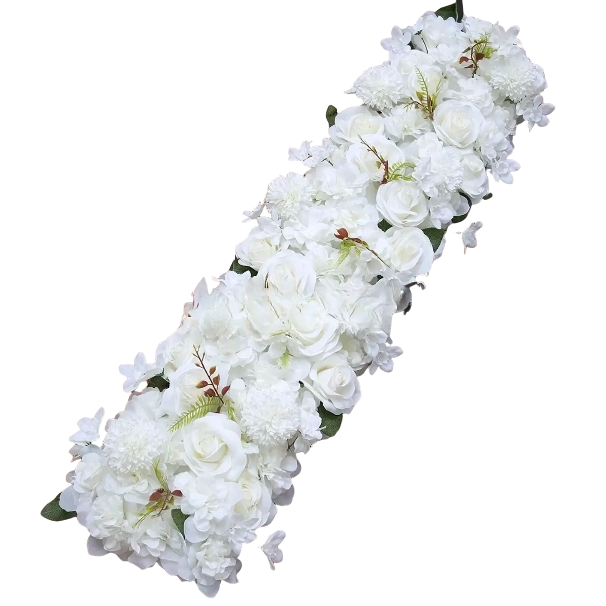 White rose wedding ground flower arrangement featuring a long elegant white floral garland with artificial roses and hydrangeas