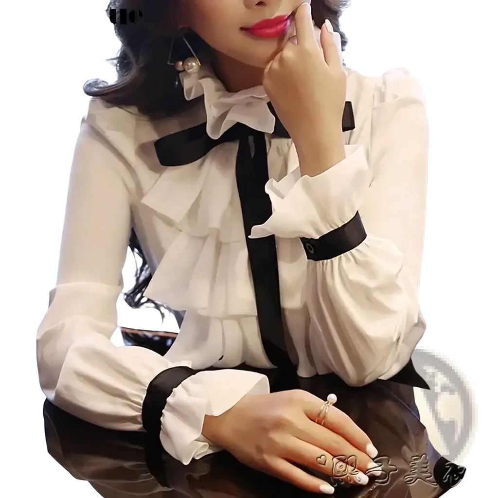 White ruffled bow long sleeve blouse in sheer fabric with black ruffled bow neckline and matching cuffs