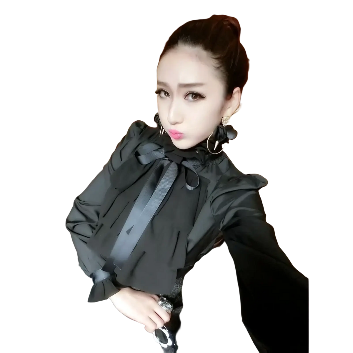 Black ruffled blouse with prominent bow at neckline featuring long sleeves in a stylish formal design
