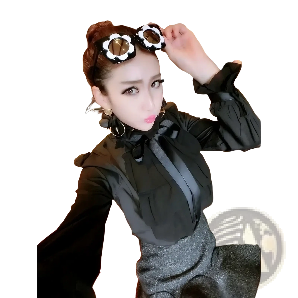 Black floral-shaped sunglasses with white accents and reflective lenses complementing white ruffled bow long sleeve blouse