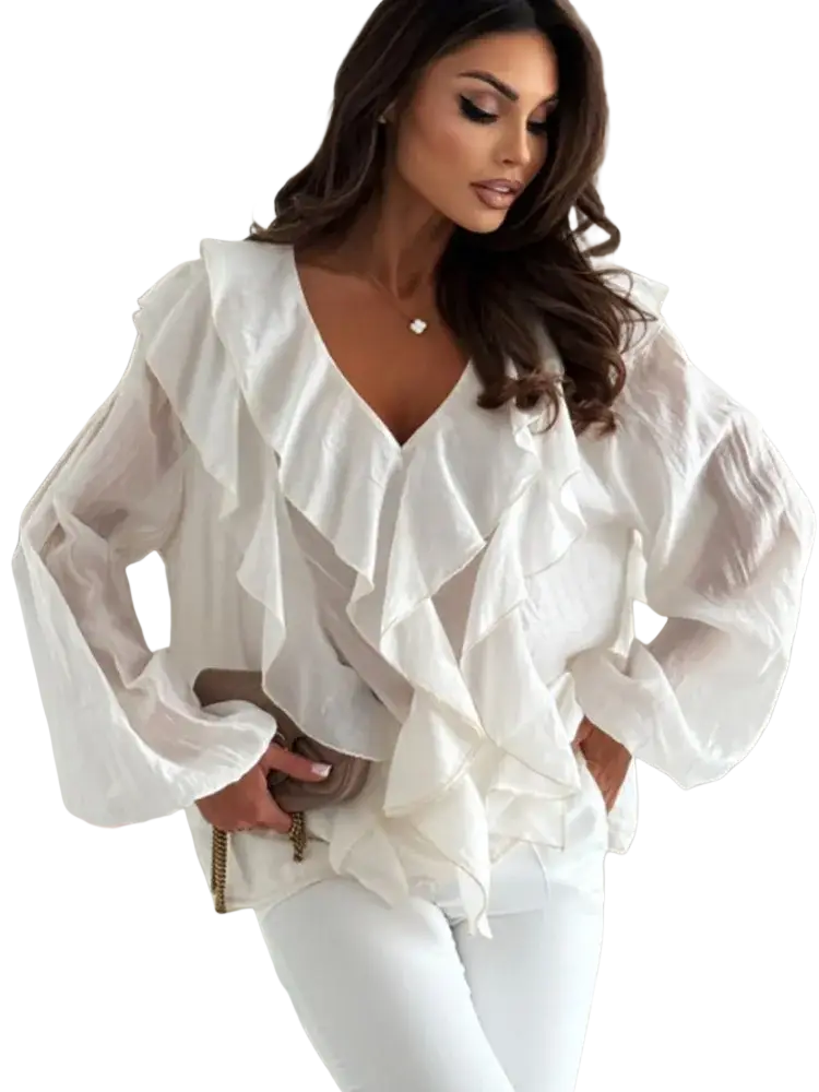 White ruffled v-neck blouse with sheer long puff sleeves made of lightweight fabric for elegant occasions