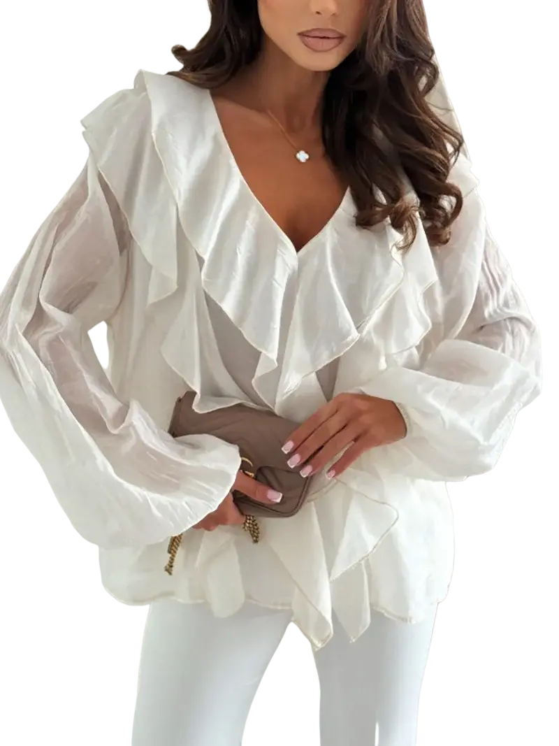 White ruffled v-neck blouse with sheer long puff sleeves crafted from lightweight fabric for elegant wear