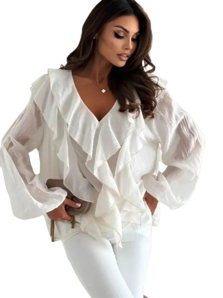 White ruffled v-neck blouse with sheer long puff sleeves made of lightweight fabric for elegant wear