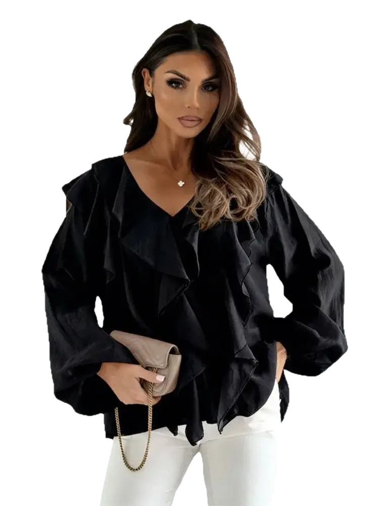 Black ruffled blouse with long sleeves and v-neckline showcasing elegant puff sleeve design for formal wear