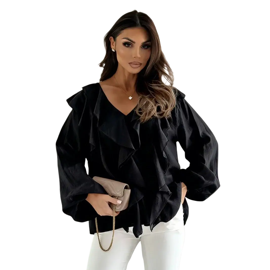 Black ruffled blouse with voluminous puff sleeves and v-neckline in lightweight fabric for elegant wear