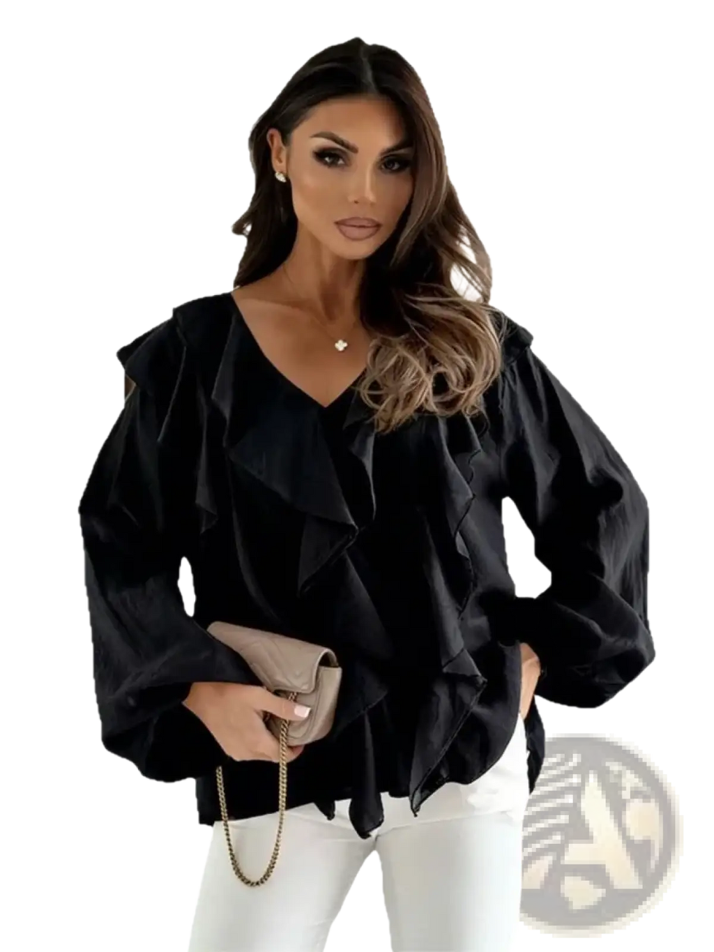 Black ruffled blouse with long sleeves and v-neckline showcasing elegant puff sleeve design for formal wear