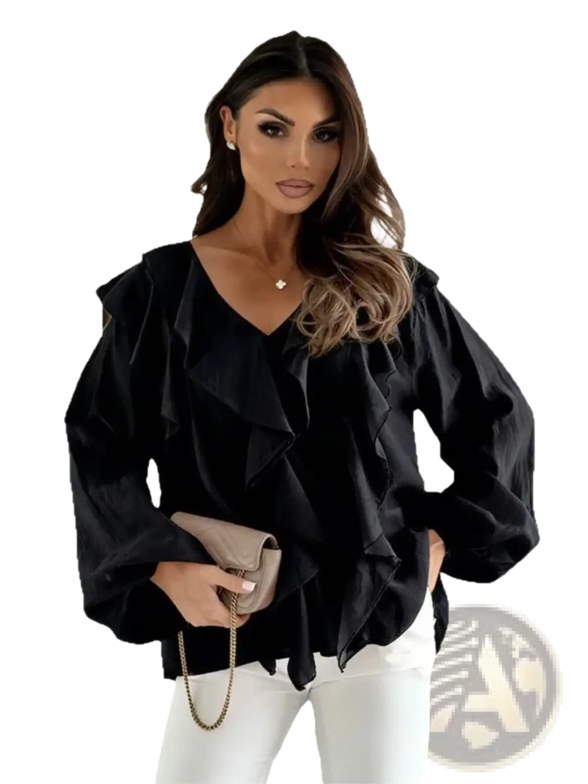 Black ruffled blouse with long sleeves and v-neckline showcasing elegant puff sleeve design for formal wear
