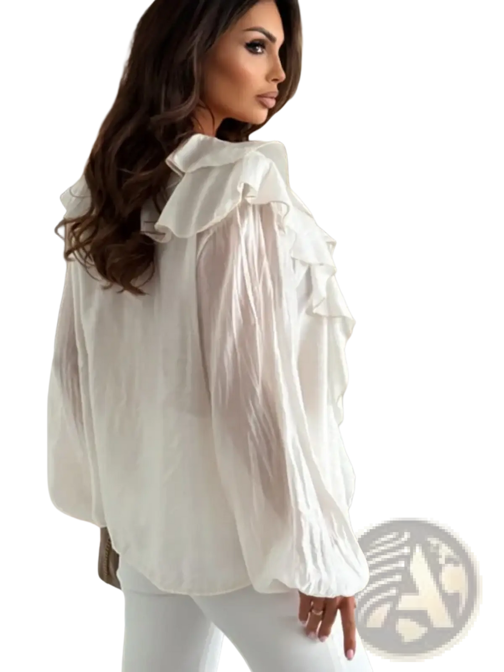White ruffled v-neck puff sleeve blouse in flowing white fabric with delicate ruffled sleeves and voluminous collar