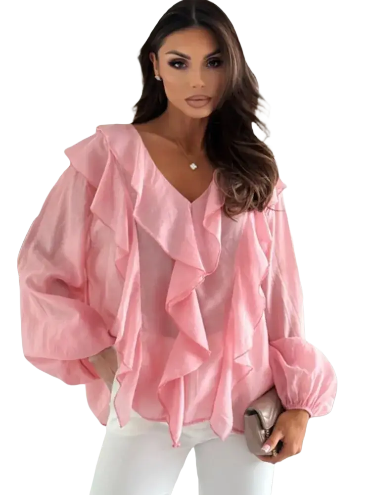 Pink ruffled blouse with voluminous puff sleeves and a v-neckline, ideal for elegant and casual wear