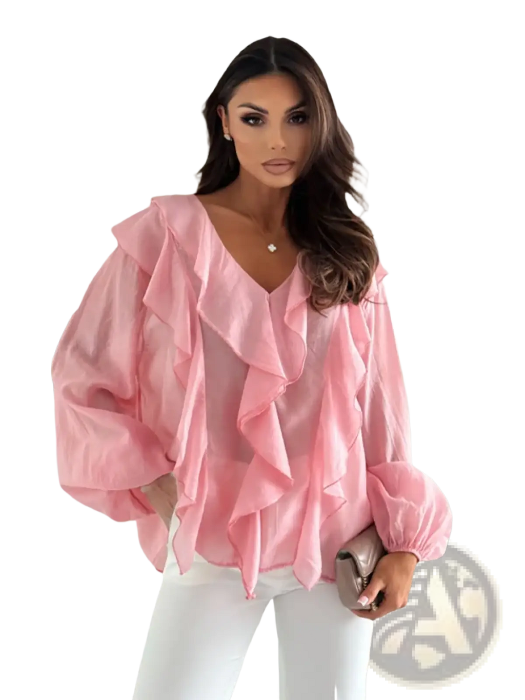 A soft pink sheer blouse with layered ruffles at the neckline and puff sleeves in a white ruffled v neck style