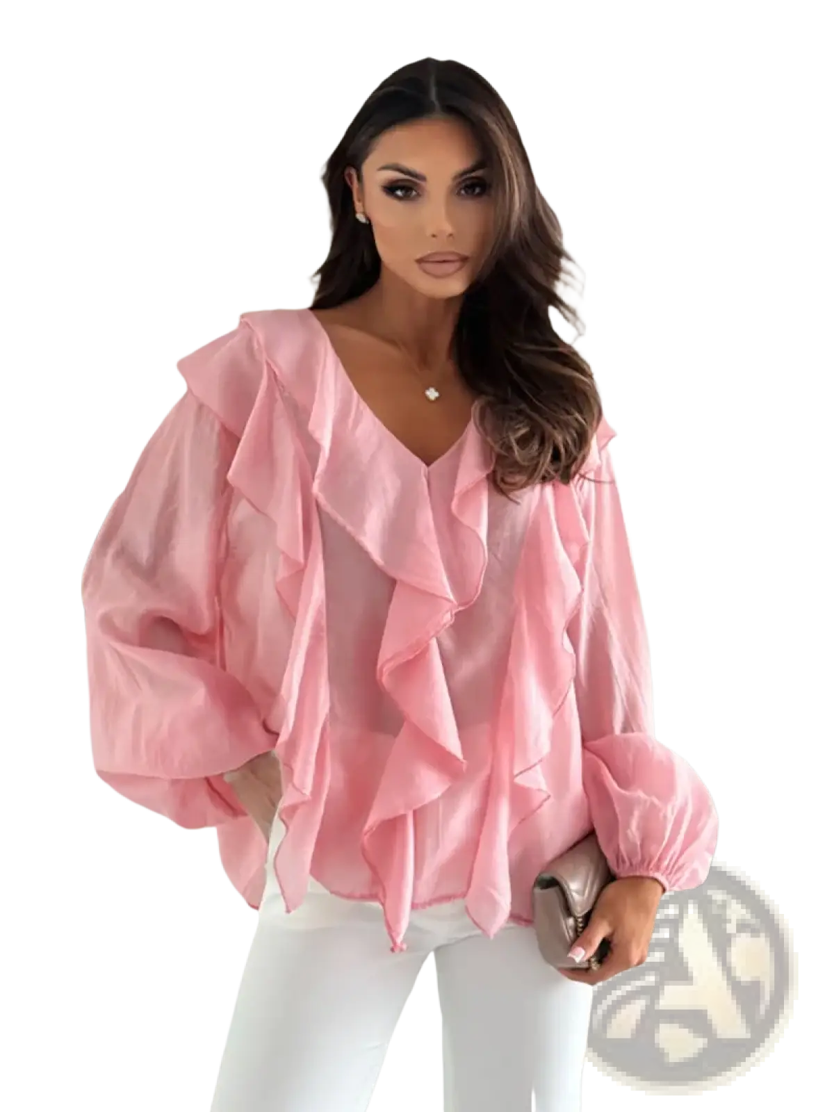 A soft pink sheer blouse with layered ruffles at the neckline and puff sleeves in a white ruffled v neck style