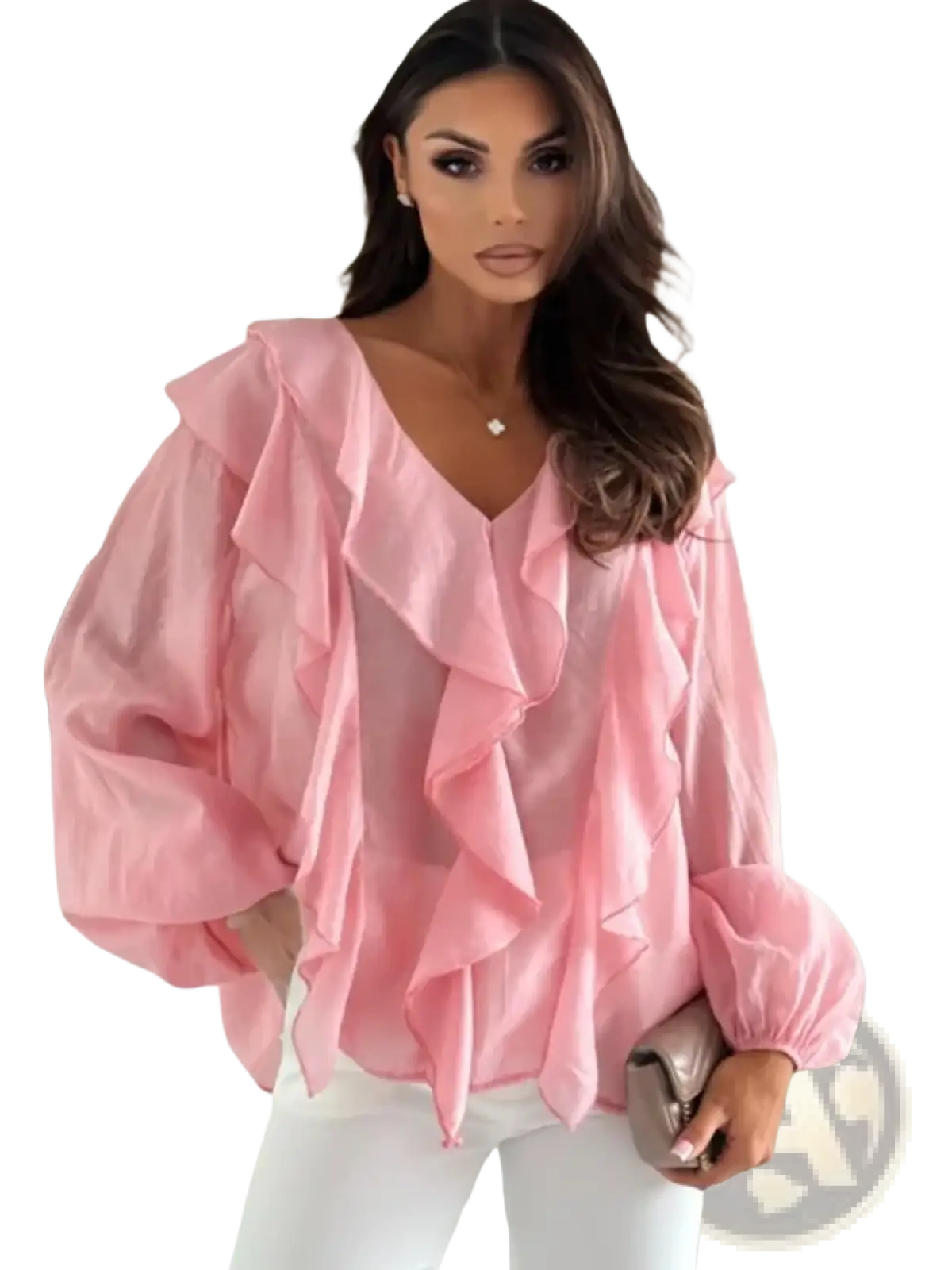 Pink ruffled blouse with voluminous puff sleeves and a v-neckline, ideal for elegant and casual wear