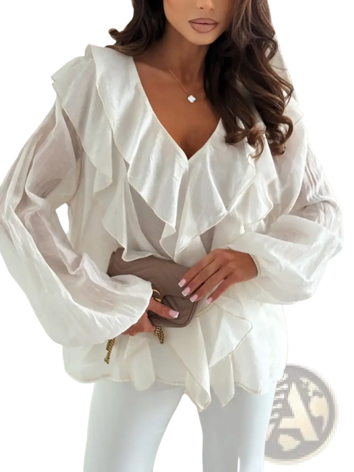 White ruffled v-neck blouse with sheer long puff sleeves crafted from lightweight fabric for elegant wear