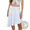 White satin asymmetrical skirt with high waist and flared hem in elegant smooth fabric for formal occasions