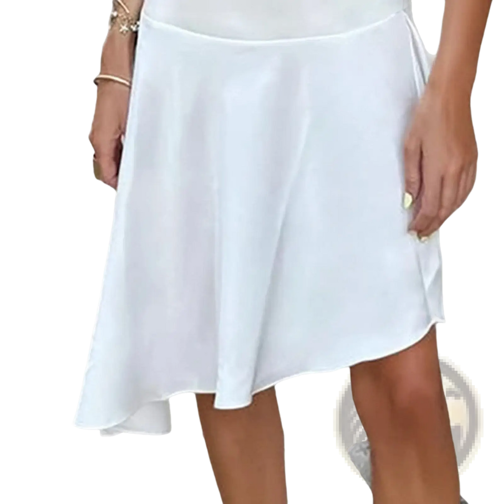 White satin asymmetrical high waist skirt with a flowing chiffon fabric and elegant high-low hemline