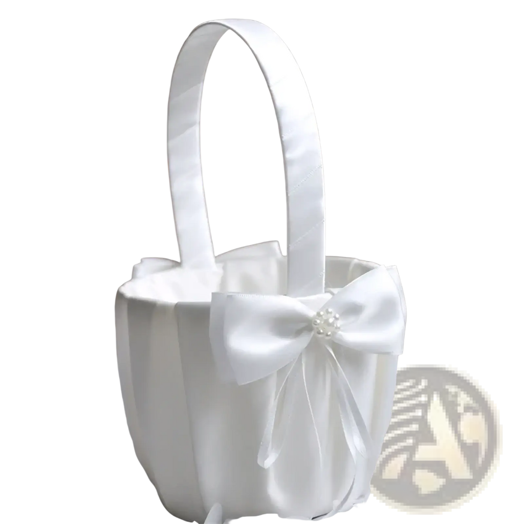 White satin flower girl basket with pearl-adorned bow and matching satin handle for wedding ceremonies