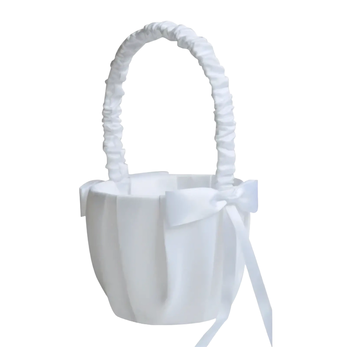 White satin flower girl basket with pearl bow featuring a ruffled handle and decorative bow for weddings